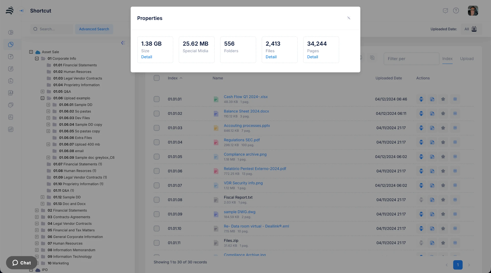 Project properties panel with total GB, folders, files, and pages