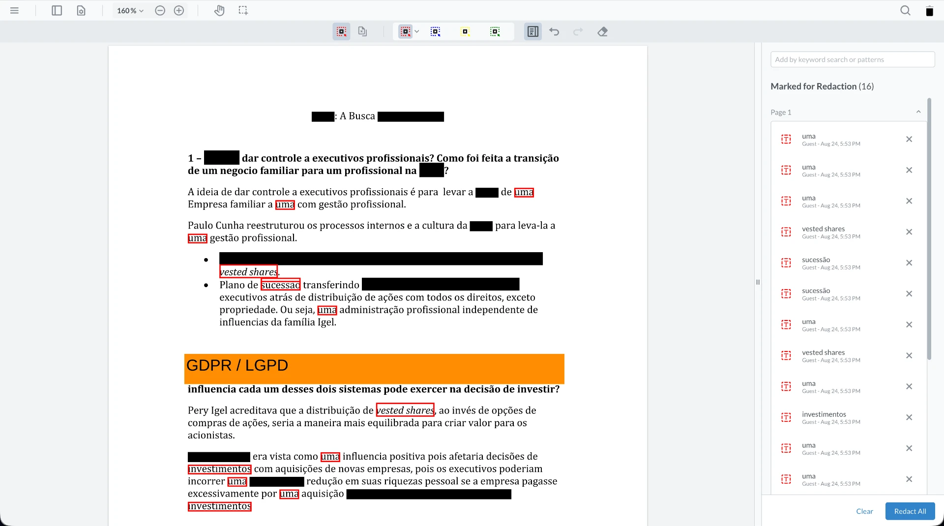 Document with confidential areas hidden by Deallink redaction