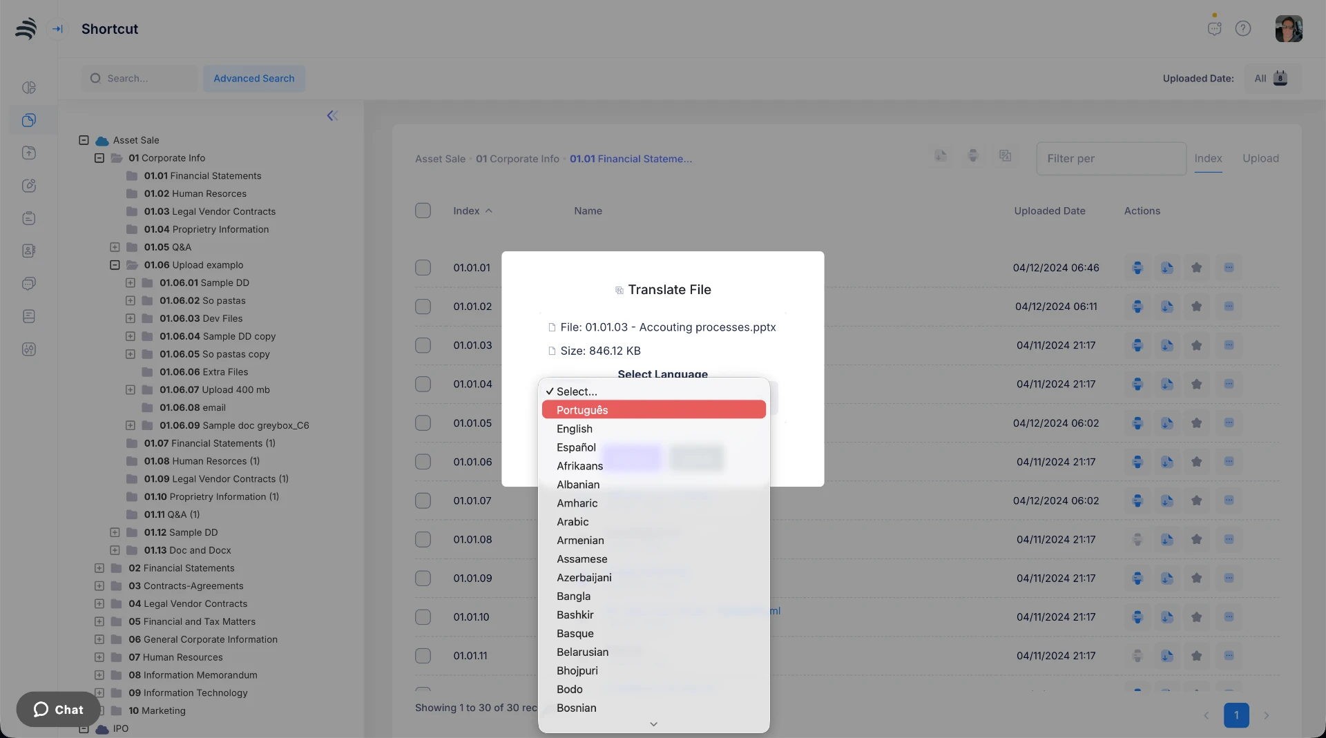 File translation in Deallink with language selection